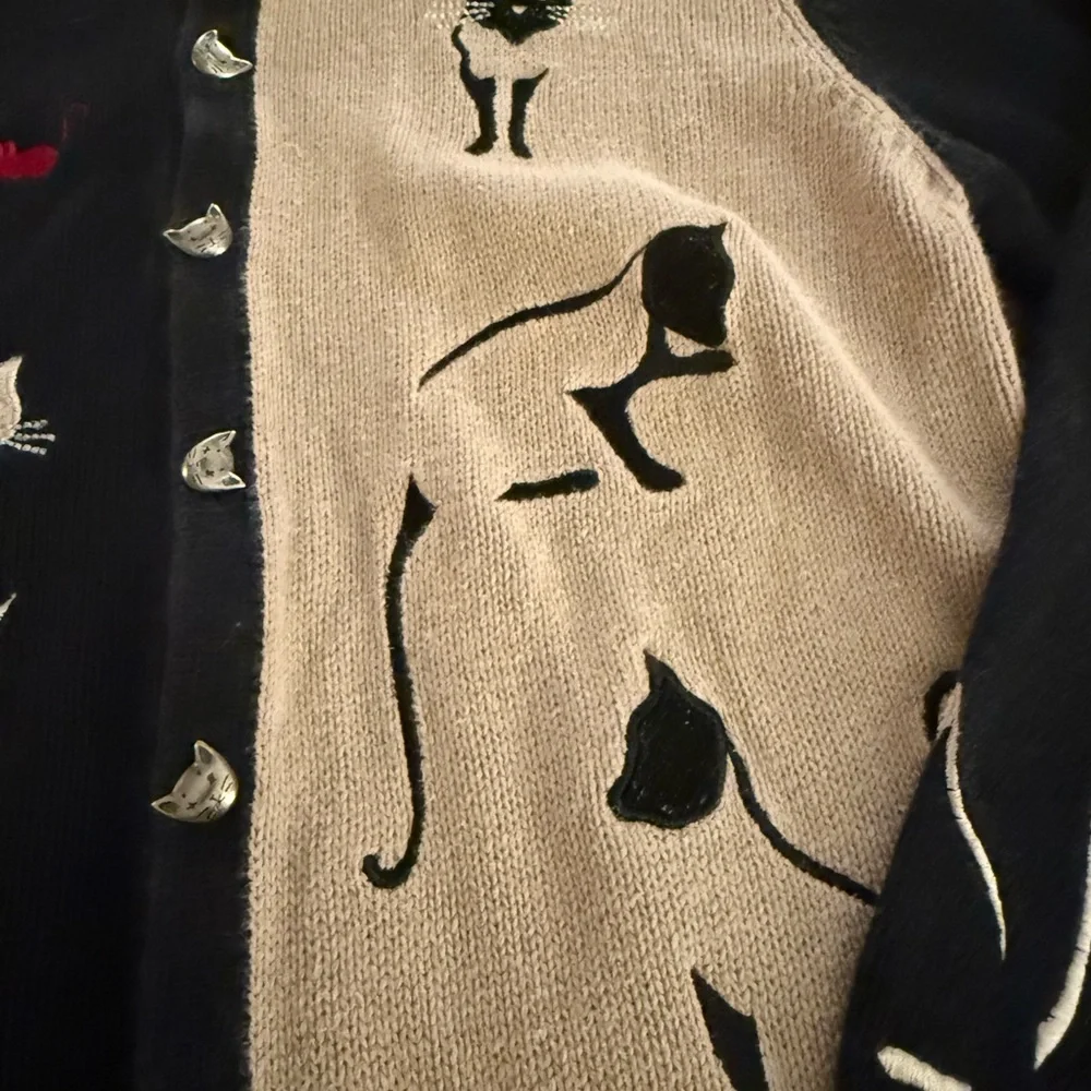 Vintage 2003 Christopher & Banks Cat Sweater Cardigan Ramie Cotton Embroidered - Picture 4 of 11